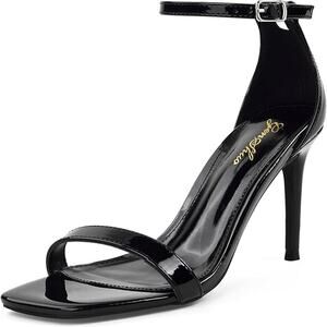 Genshuo Womens Size 9.5 Black 3.5" Heels Open Square Toe Ankle Strap Pumps Shoes